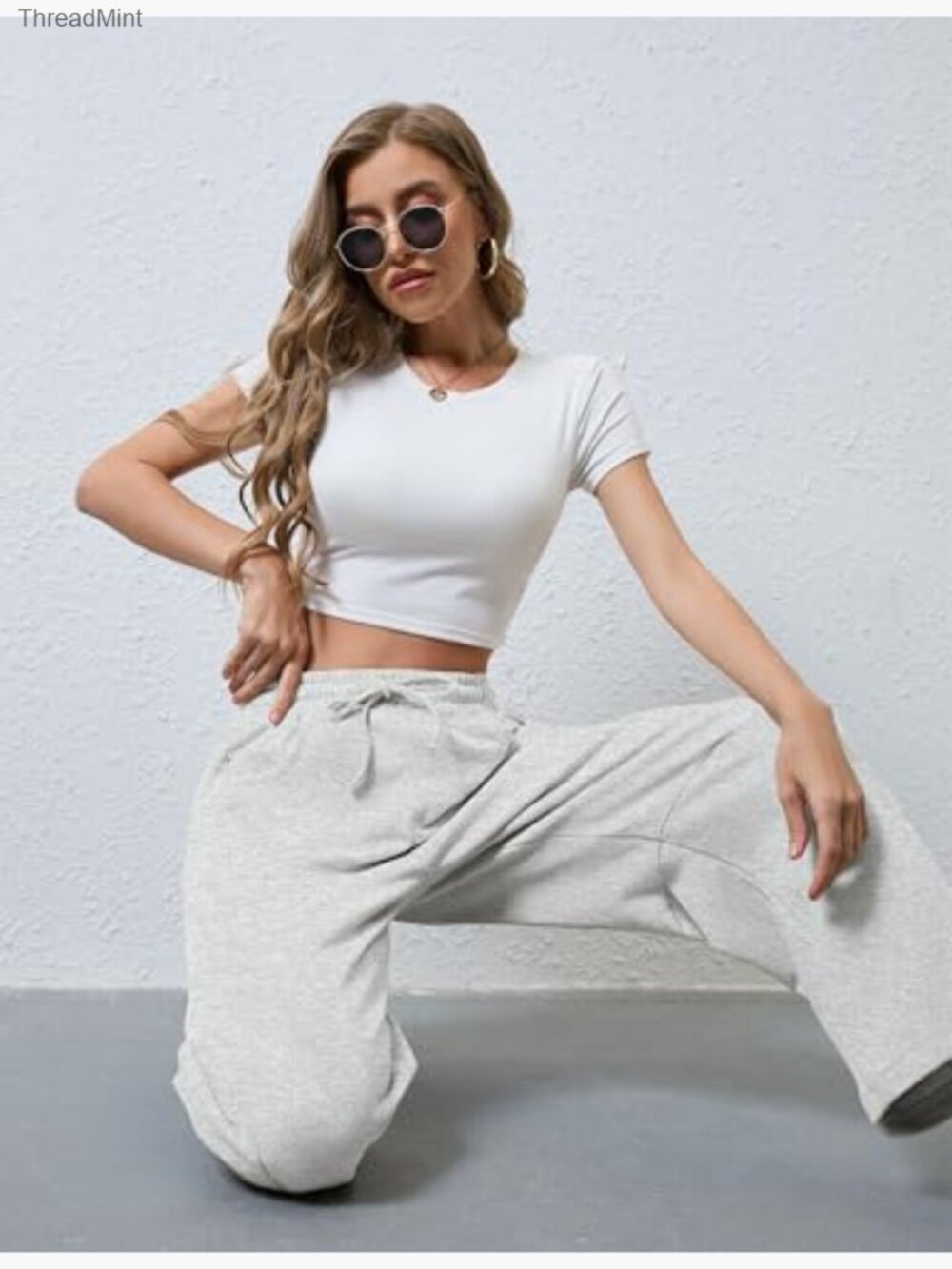 Women's Barrel Leg Sweatpants Elastic Waist Wide Leg Cotton Pockets - Picture 6 of 6